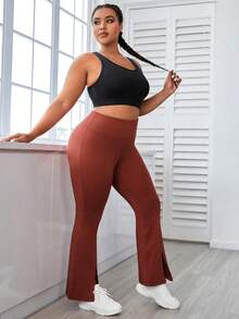 SHEIN Yoga Basic Quần thể thao Legging Plus Size  & Quần Chia màu trơn - Màu Cam cháy - Xem 3