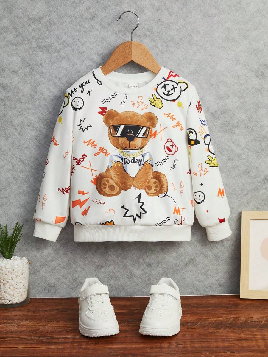 SHEIN Little Boys' Casual Cute Loose Fit Cartoon Bear In áo thể thao, mùa thu và mùa đông - Nhiều màu - Xem 1