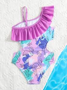 Toddler Girls Flamingo Print Cut Out Ruffle Trim One Piece Swimsuit - Multicolor - View 2