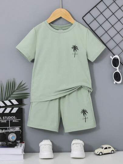 SHEIN Young Boy Letter & Coconut Tree Print Tee & Shorts
