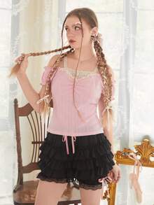 ROMWE Áo thun nữ Tương phản ren Xù Gân đan màu trơn Giải trí - Hồng - Xem 2