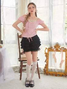 ROMWE Áo thun nữ Tương phản ren Xù Gân đan màu trơn Giải trí - Hồng - Xem 5