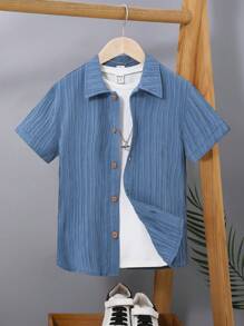 SHEIN 男孩1入組素色前紐扣襯衫 - 藍色 - 查看 1