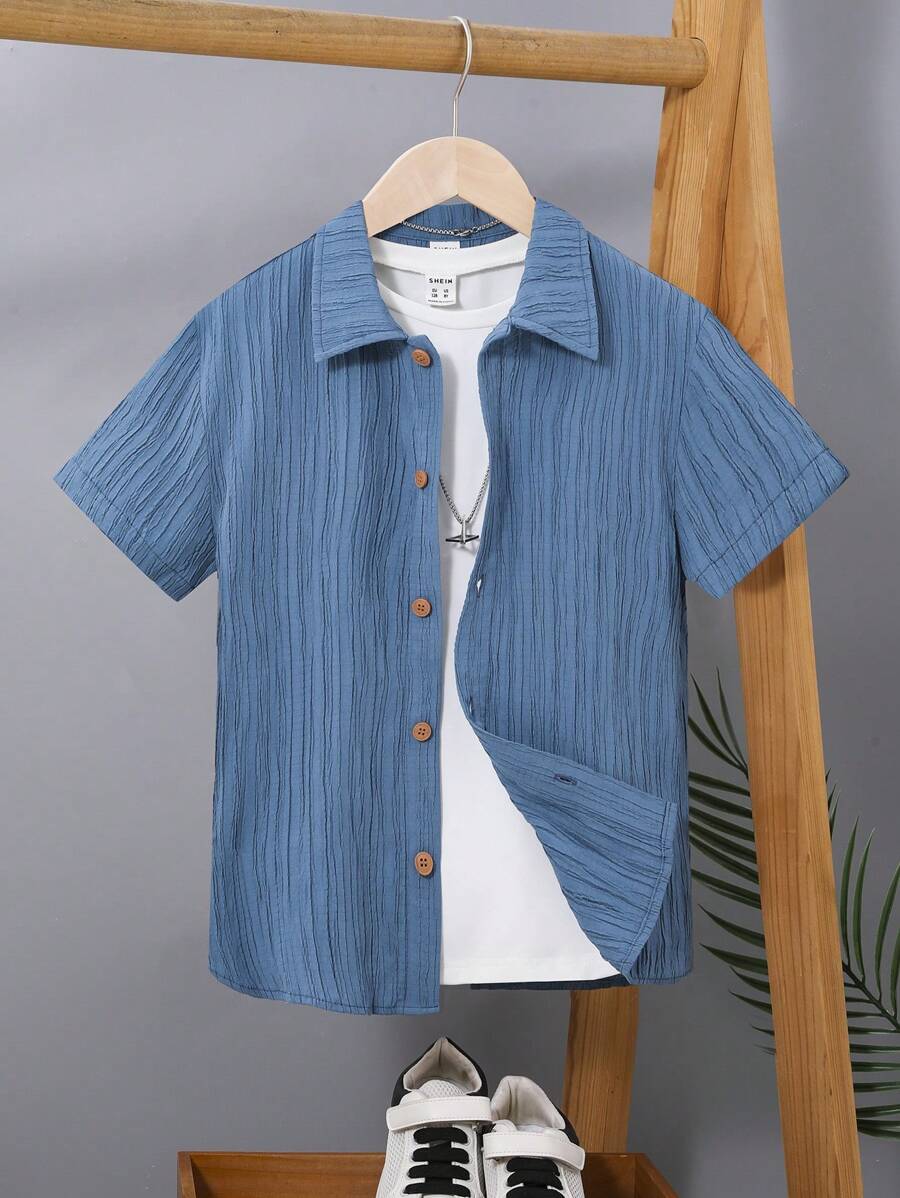 SHEIN 男孩1入組素色前紐扣襯衫 - 藍色 - 查看 1