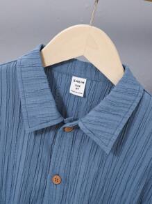 SHEIN 男孩1入組素色前紐扣襯衫 - 藍色 - 查看 4