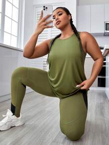 Rhythm Era Plus Size Solid Sports Tank Top & Sports Leggings Set Workout Women Sets