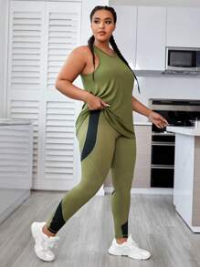 Rhythm Era Plus Size Solid Sports Tank Top & Sports Leggings Set Workout Women Sets