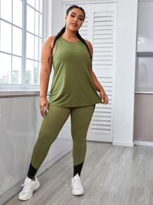 Rhythm Era Plus Size Solid Sports Tank Top & Sports Leggings Set Workout Women Sets