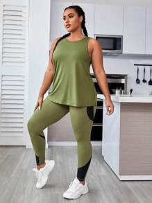 Rhythm Era Plus Size Solid Sports Tank Top & Sports Leggings Set Workout Women Sets