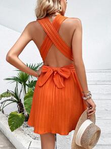 Breezaya Đầm Buộc lại Lộ Lưng Hội Chữ thập màu trơn Gợi cảm - Màu Cam cháy - Xem 2