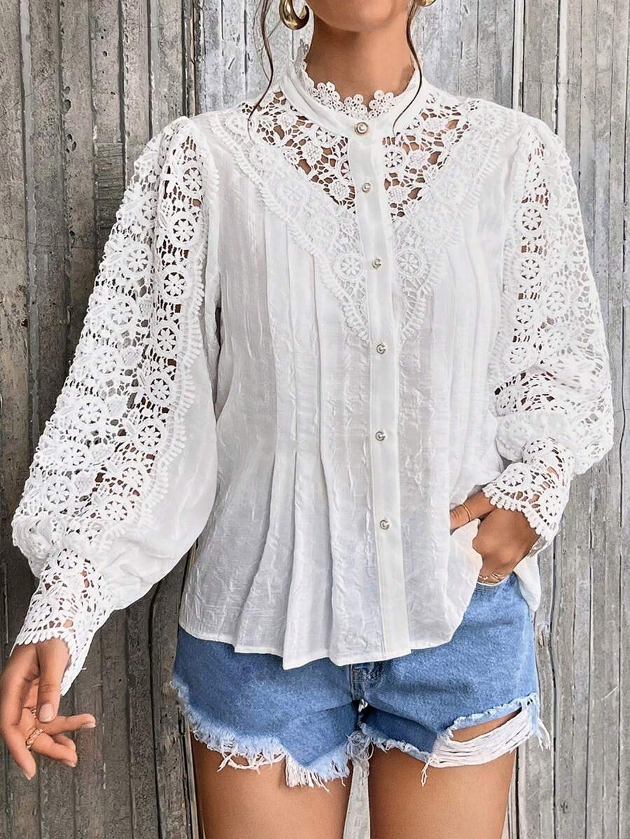 SHEIN Privé Guipure Lace Insert Lantern Sleeve Blouse - White - View 1
