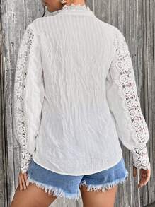 SHEIN Privé Guipure Lace Insert Lantern Sleeve Blouse - White - View 2