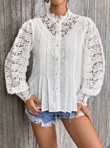 SHEIN Privé Guipure Lace Insert Lantern Sleeve Blouse - White - View 3