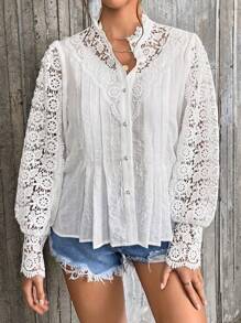 SHEIN Privé Guipure Lace Insert Lantern Sleeve Blouse - White - View 5