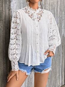 SHEIN Privé Guipure Lace Insert Lantern Sleeve Blouse - White - View 6