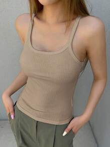 DAZY Top De Punto Acanalado Sólido Para Mujer - Caqui - Ver 4