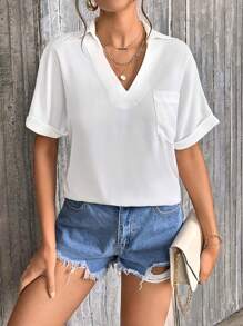 SHEIN Essnce Blusa unicolor con parche de bolsillo de manga murciélago - Blanco - Ver 1
