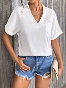 SHEIN Essnce Blusa unicolor con parche de bolsillo de manga murciélago - Blanco - Ver 4