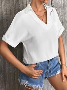 SHEIN Essnce Blusa unicolor con parche de bolsillo de manga murciélago - Blanco - Ver 5