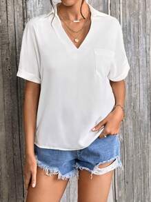 SHEIN Essnce Blusa unicolor con parche de bolsillo de manga murciélago - Blanco - Ver 6