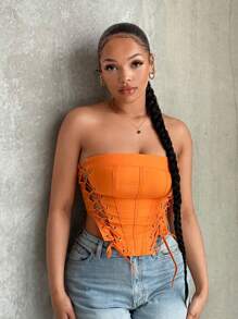 SHEIN SXY Lace Up Front Bandana Hem Tube Top - Orange - View 6