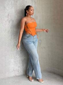 SHEIN SXY Lace Up Front Bandana Hem Tube Top - Orange - View 3