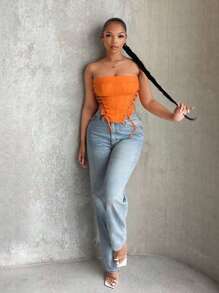 SHEIN SXY Lace Up Front Bandana Hem Tube Top - Orange - View 4