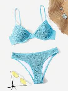 SHEIN Swim Summer Beach Smocked Underwire Bikini Set - Mint Blue - View 4