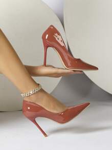 優雅棕色的高跟鞋適用於極簡風格尖頭細跟人造漆皮淺口高跟鞋 - 棕色 - 查看 4