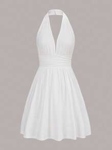 SHEIN EZwear Solid Backless Halter Neck Dress - White - View 1