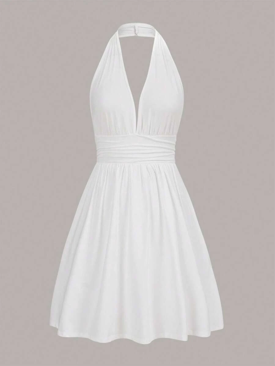 SHEIN EZwear Solid Backless Halter Neck Dress - White - View 1