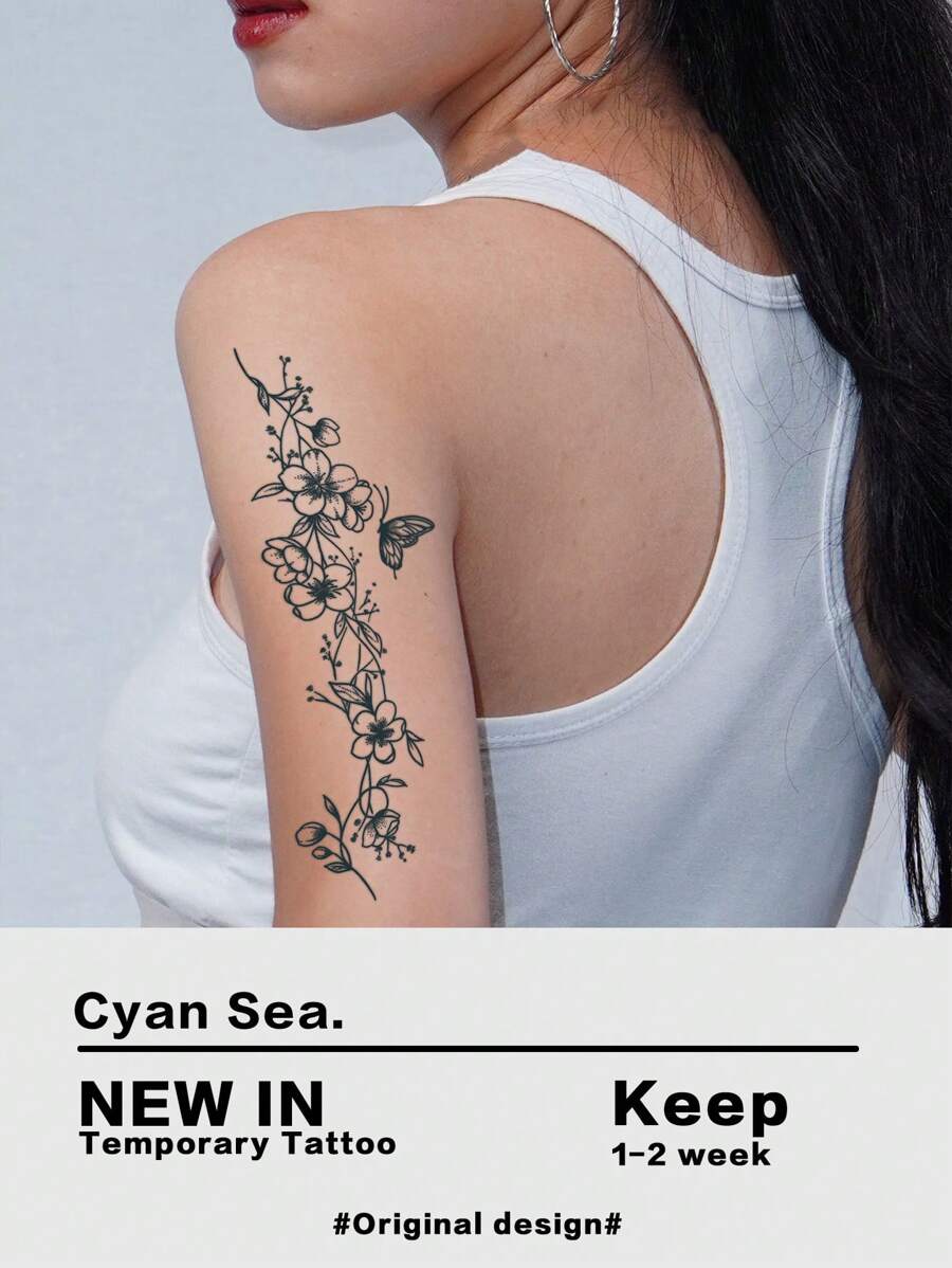 1sheet Floral Pattern Tattoo Sticker - Black - View 1