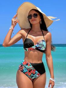 SHEIN Swim 熱帶圖案聚攏比基尼泳裝 - 彩色 - 查看 2