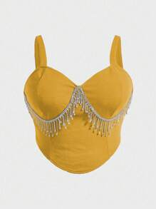 SHEIN BAE Plus Rhinestone Fringe Trim Cami Top - Mustard Yellow - View 1