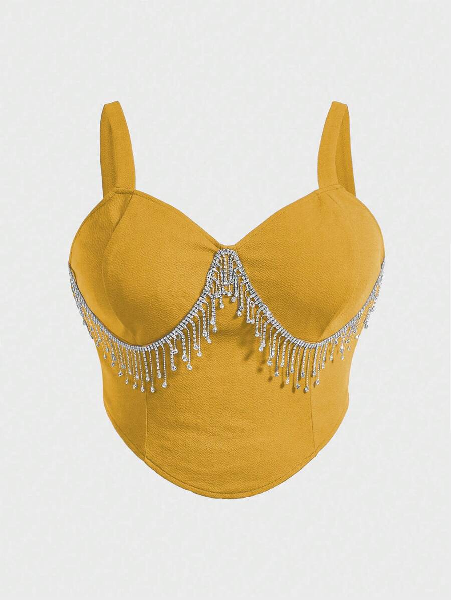 SHEIN BAE Plus Rhinestone Fringe Trim Cami Top - Mustard Yellow - View 1