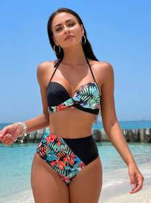 SHEIN Swim 熱帶圖案聚攏比基尼泳裝 - 彩色 - 查看 1