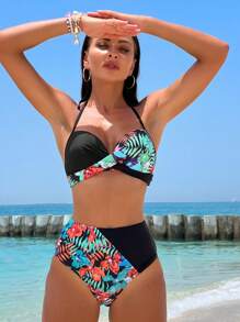 SHEIN Swim 熱帶圖案聚攏比基尼泳裝 - 彩色 - 查看 8