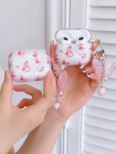 Valentines Pink Butterfly Pattern Case Compatible With AirPods Compatible With Airpods1/2 AirPods Pro