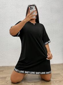 SHEIN EZwear 大碼字母圖案落肩T恤連衣裙 - 黑色 - 查看 2