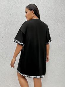 SHEIN EZwear 大碼字母圖案落肩T恤連衣裙 - 黑色 - 查看 3