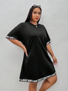 SHEIN EZwear 大碼字母圖案落肩T恤連衣裙 - 黑色 - 查看 4