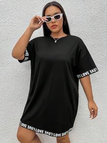 SHEIN EZwear 大碼字母圖案落肩T恤連衣裙 - 黑色 - 查看 5