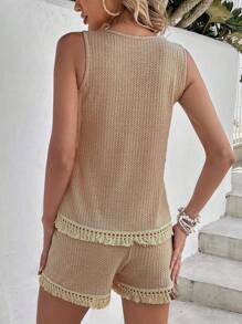 SHEIN VCAY Waffle Knit Fringe Trim Tank Top & Shorts - Khaki - View 2
