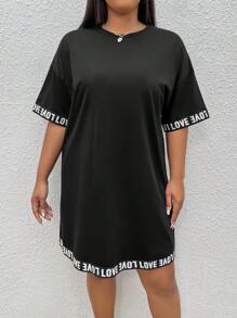 SHEIN EZwear 大碼字母圖案落肩T恤連衣裙 - 黑色 - 查看 6