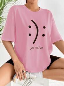 SHEIN EZwear 標語圖案落肩T恤 - 粉色 - 查看 1