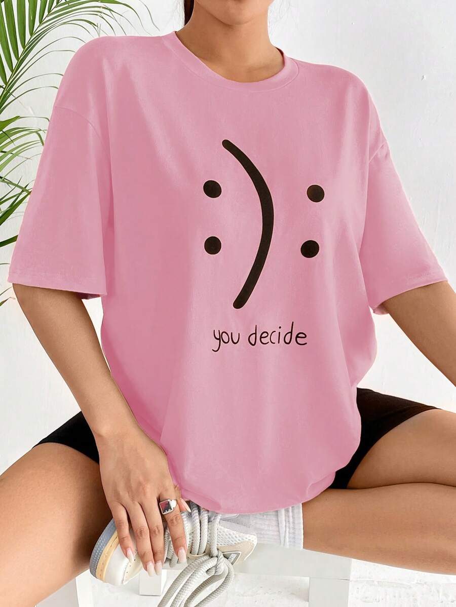 SHEIN EZwear 標語圖案落肩T恤 - 粉色 - 查看 1