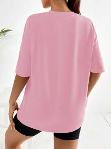 SHEIN EZwear 標語圖案落肩T恤 - 粉色 - 查看 2