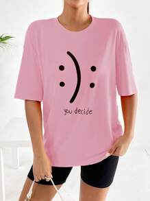 SHEIN EZwear 標語圖案落肩T恤 - 粉色 - 查看 4