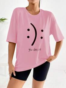 SHEIN EZwear 標語圖案落肩T恤 - 粉色 - 查看 5