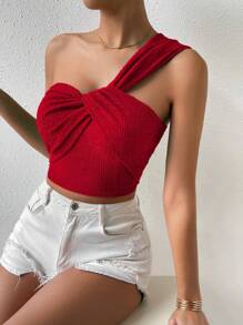 Chiquease Top corto con nudo delantero de un solo hombro para ropa de Año Nuevo - Rojo - Ver 3